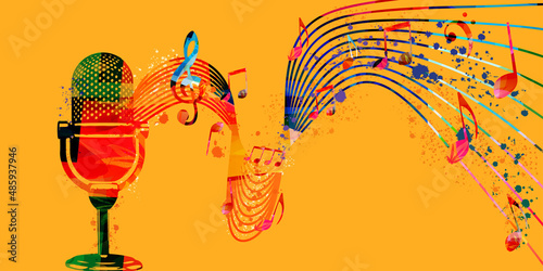 Colorful microphone with musical notes for live concert events, music festivals and shows, party flyers and invitations. Musical poster for club party, karaoke, podcast vector illustration