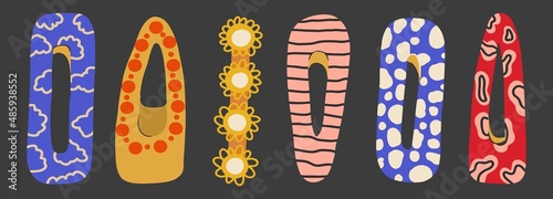 Vector illustration with cartoon flat hairpins. Hair Accessory Items. Beauty design. The concept of a female salon.