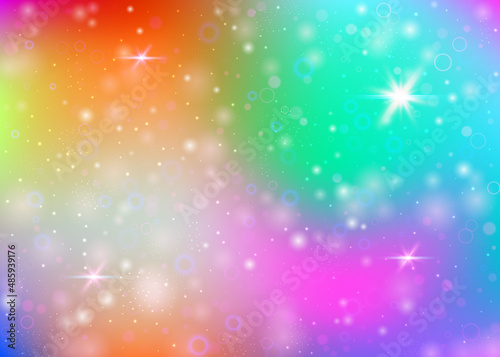 Unicorn background with rainbow mesh. Mystical universe banner in princess colors. Fantasy gradient backdrop with hologram. Holographic unicorn background with magic sparkles, stars and blurs.