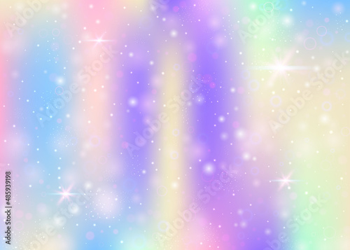Fairy background with rainbow mesh. Girlish universe banner in princess colors. Fantasy gradient backdrop with hologram. Holographic fairy background with magic sparkles, stars and blurs.