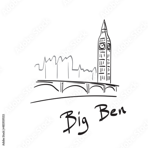 Big Ben and westminster bridge in London illustration vector hand drawn isolated on white background line art.