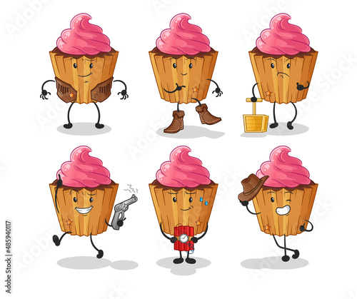 cupcake cowboy group character. cartoon mascot vector