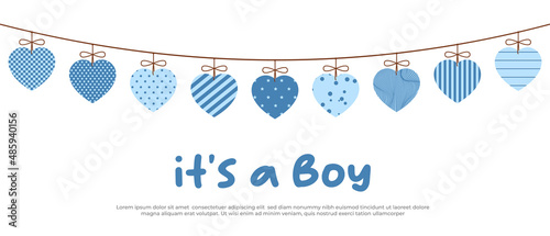its a boy. Welcome greeting card for childbirth with hanging hearts. Vector illustration