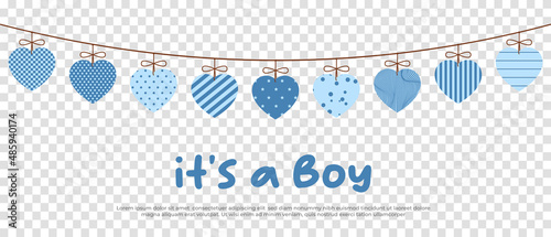 its a boy. Welcome greeting card for childbirth with hanging hearts. Vector illustration