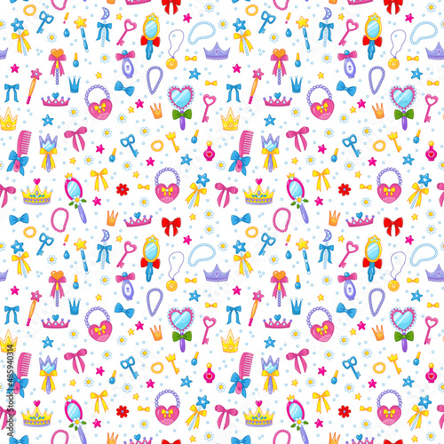 Seamless pattern for girls with princess beauty items on a white background. Hairbrush, magic wand, cute handbag, crown, beads in a fun children's style. Vector illustration.
