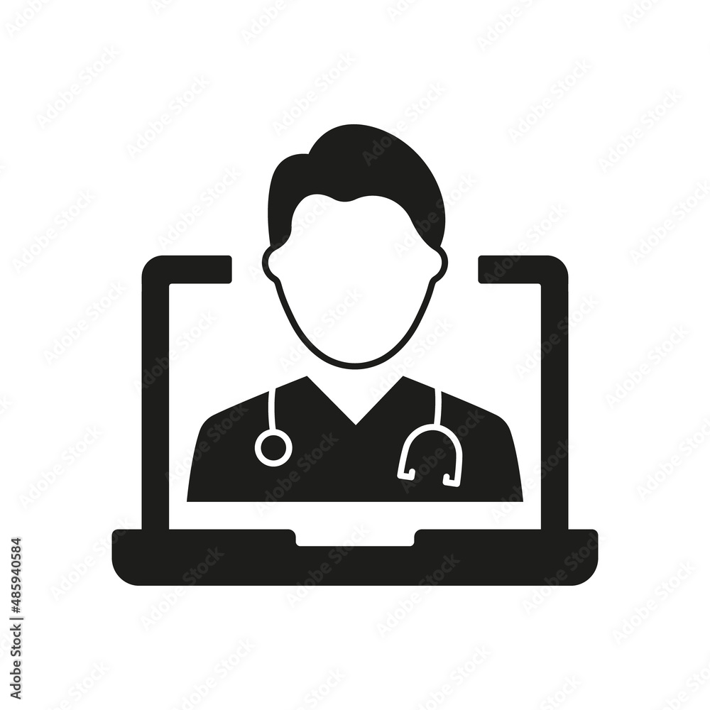 Online Digital Medicine Silhouette Icon. Doctor in Computer Medical Health Care Online Black Pictogram. Virtual Medicine Service Icon. Telemedicine. Isolated Vector Illustration