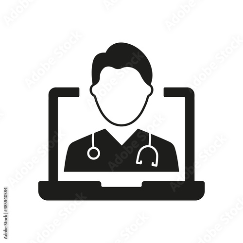 Online Digital Medicine Silhouette Icon. Doctor in Computer Medical Health Care Online Black Pictogram. Virtual Medicine Service Icon. Telemedicine. Isolated Vector Illustration © Toxa2x2