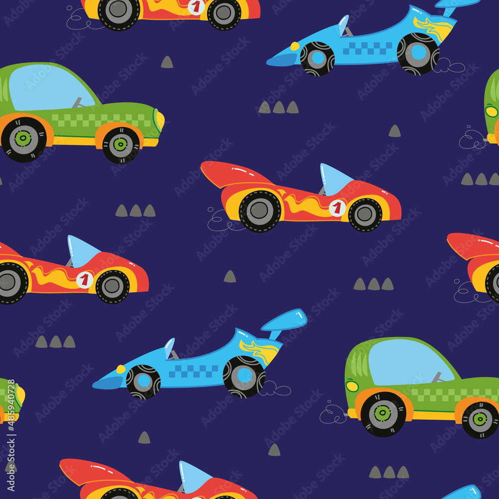 Seamless pattern with cute children's colorful cars on a blue background. Drawing for children's textiles with cars and transport, for boys. Vector illustration in a minimalistic flat style.