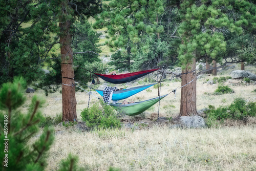 Family hammocks while camping
