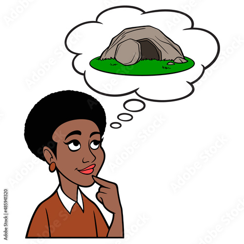 Black Woman thinking about Jesus - A cartoon illustration of a Black Woman thinking about the resurrection of Jesus Christ. 