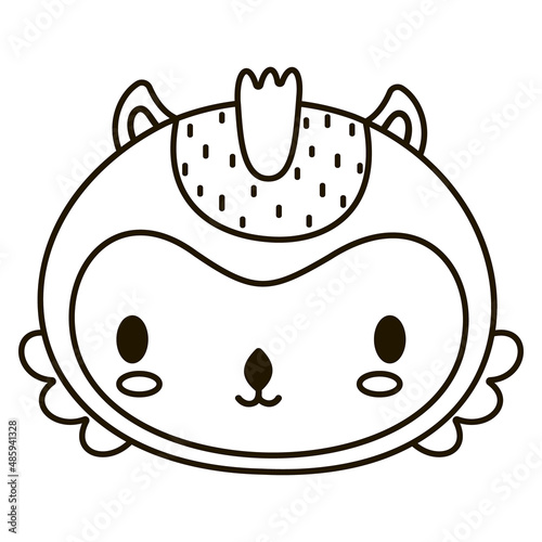 Cute black and white cartoon face of owlet. Children's outline illustration. For coloring book or page, nursery, sticker. Forest monochrome nocturnal bird muzzle in Scandinavian style. Vector.