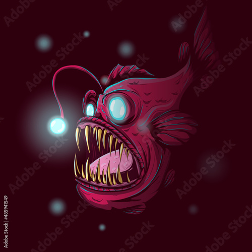 abyssal fish surrounded by lights vector illustration