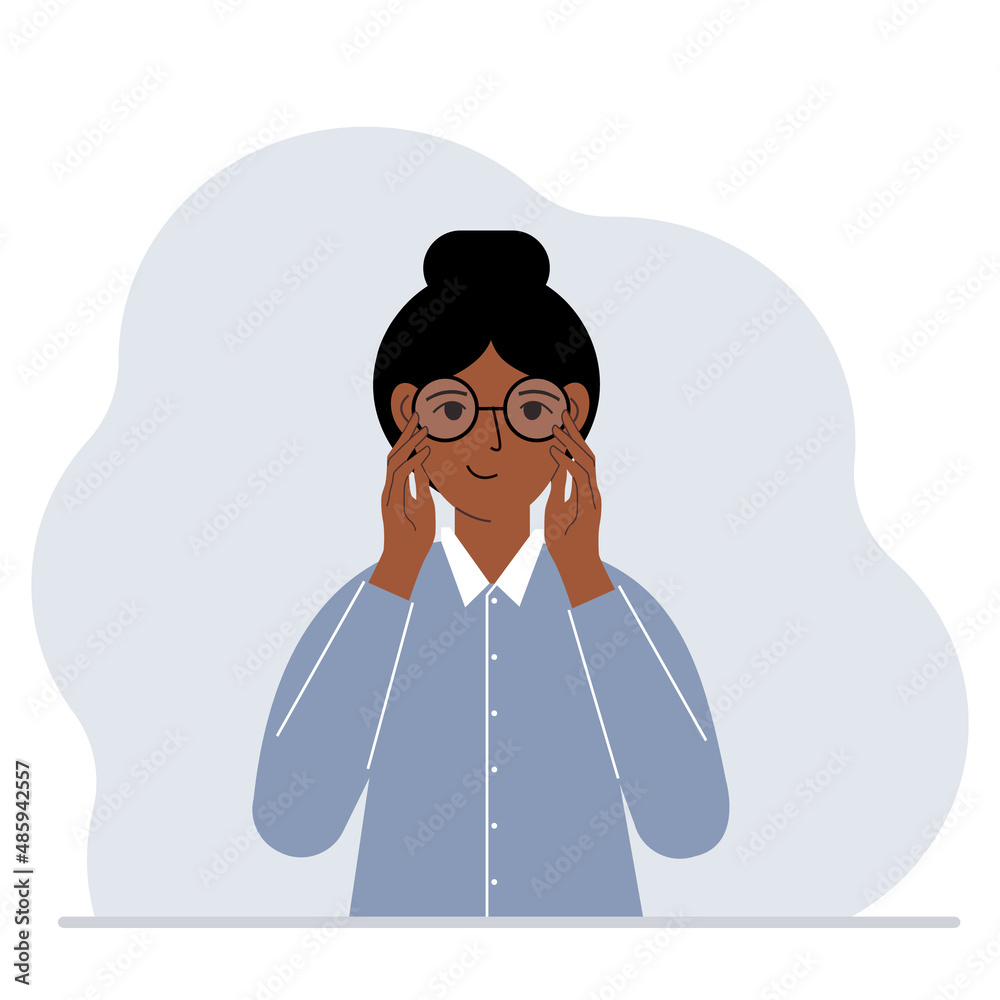 Satisfied woman with glasses. Vision problem concept. Vector Satisfied woman with glasses. Vision problem concept. Vector