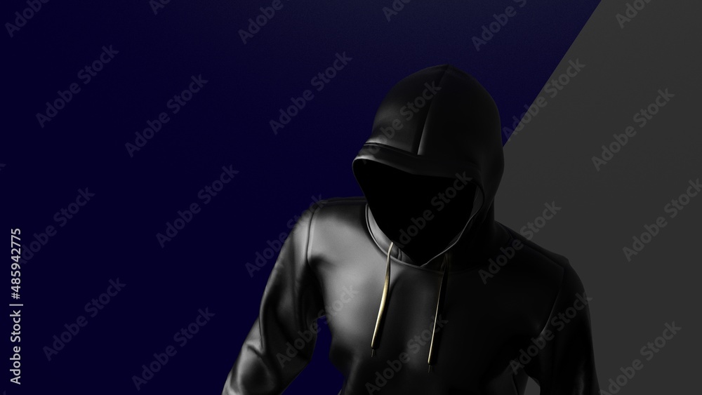 Anonymous hacker with black color hoodie in shadow under deep blue-gray red background. Dangerous criminal concept image. 3D CG. 3D illustration. 3D high quality rendering.