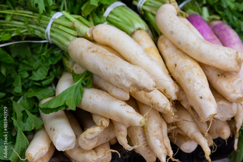 White radish roots prepared for sale at greengrocery store