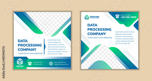 abstract social media post banner template design use headline is data processing company. square layout with space for photo collage and text. white background with blue green color on elements