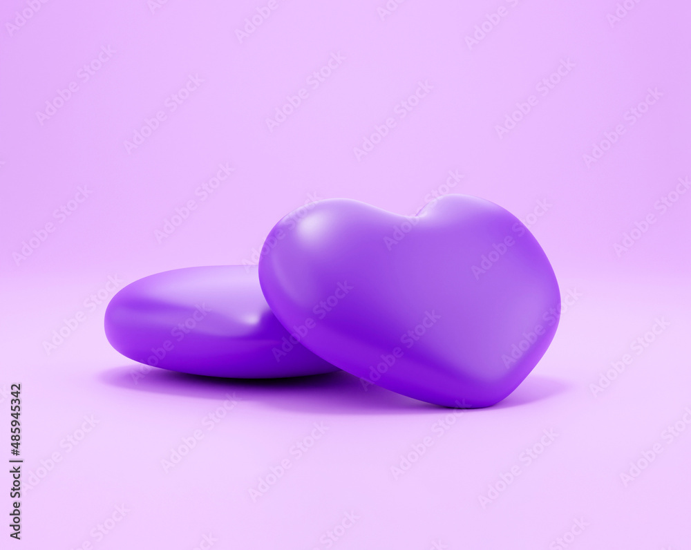 Two 3d hearts on a clean pastel background template. Two Realistic 3d red hearts rendering illustration
