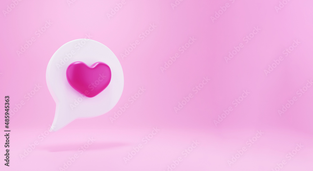 3d social media notification love icon. Social media notification love like heart icon isolated on pink background with shadow and reflection 3D rendering