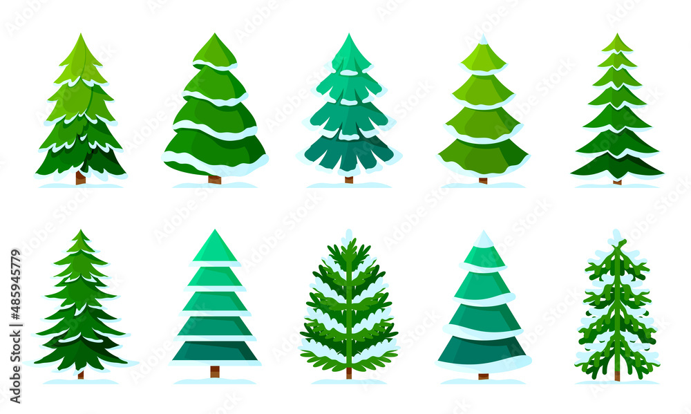 Obraz premium Xmas tree snow winter forest green cartoon set. Christmas season landscape festive different shape evergreen. Flat style object greeting card sticker holiday collage new year decorative isolated white