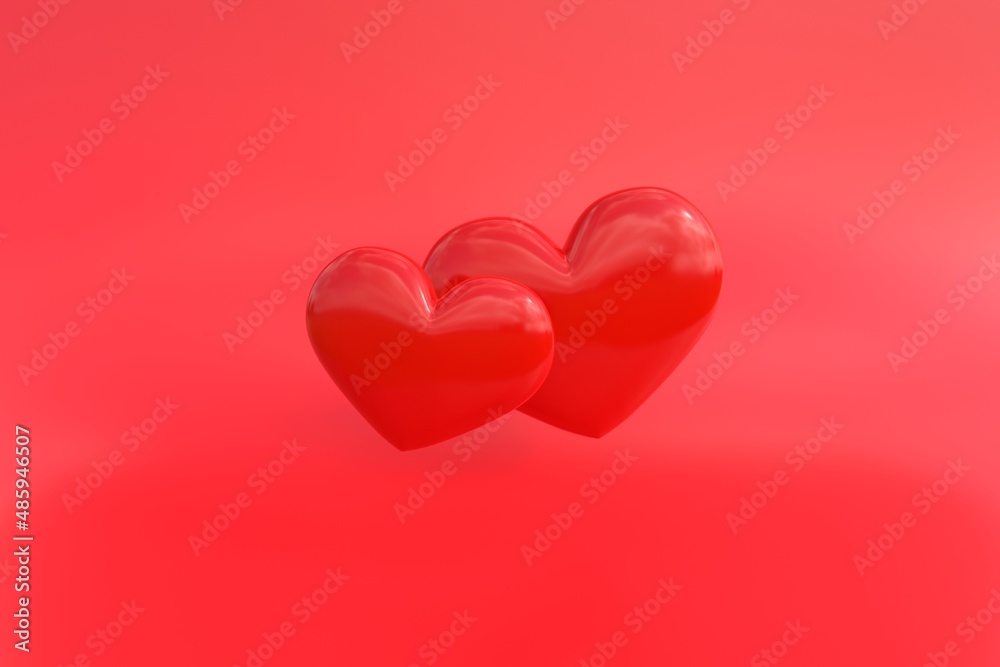 Two red shiny glossy hearts on a red background. Postcard template for Valentine's Day, wedding or Women's Day. The concept of love. 3D rendering