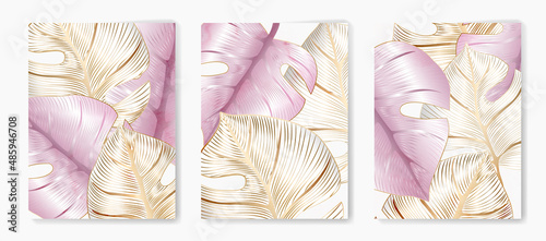 Luxury background with golden and purple monstera leaves in line art style. Set of botanical art posters with tropical plants for design, decor, packaging