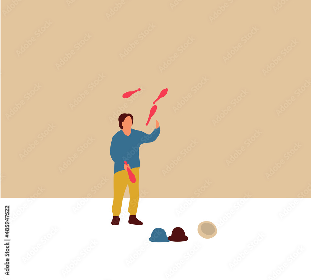 Juggler performs on street. Artist throws up maces. Vector illustration. Cartoon flat style. Juggler performs on street. Artist throws up maces. Vector illustration. Cartoon flat style.