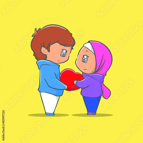 cute illustration of a Muslim couple face to face with a gift of love pillow