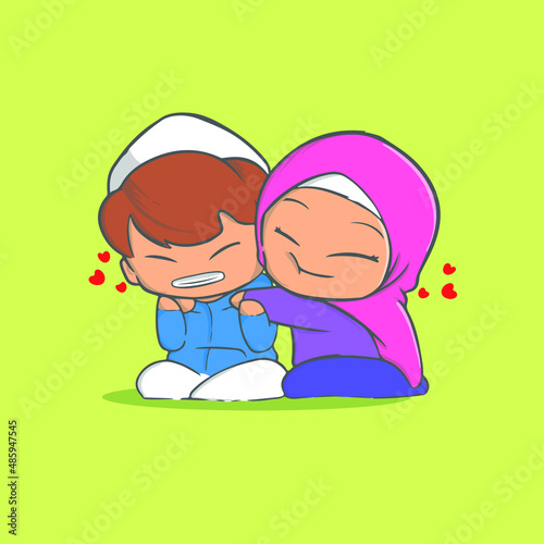 cute illustration of a Muslim couple joking by pinching