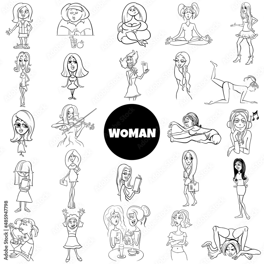 black and white cartoon women characters big set