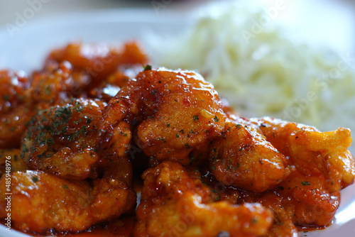 It's a shrimp dish fried in chili sauce. photo