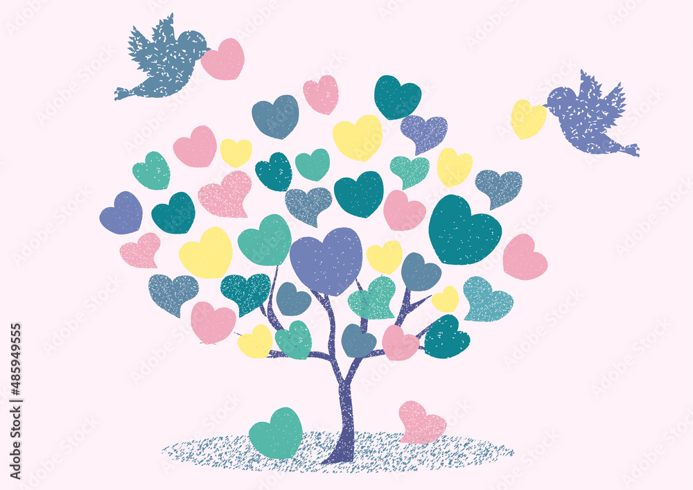 A tree made of hearts brought by a bird. Processed to look frayed. For wedding, welfare, etc. Vector illustration A tree made of hearts brought by a bird. Processed to look frayed. For wedding, welfare, etc. Vector illustration