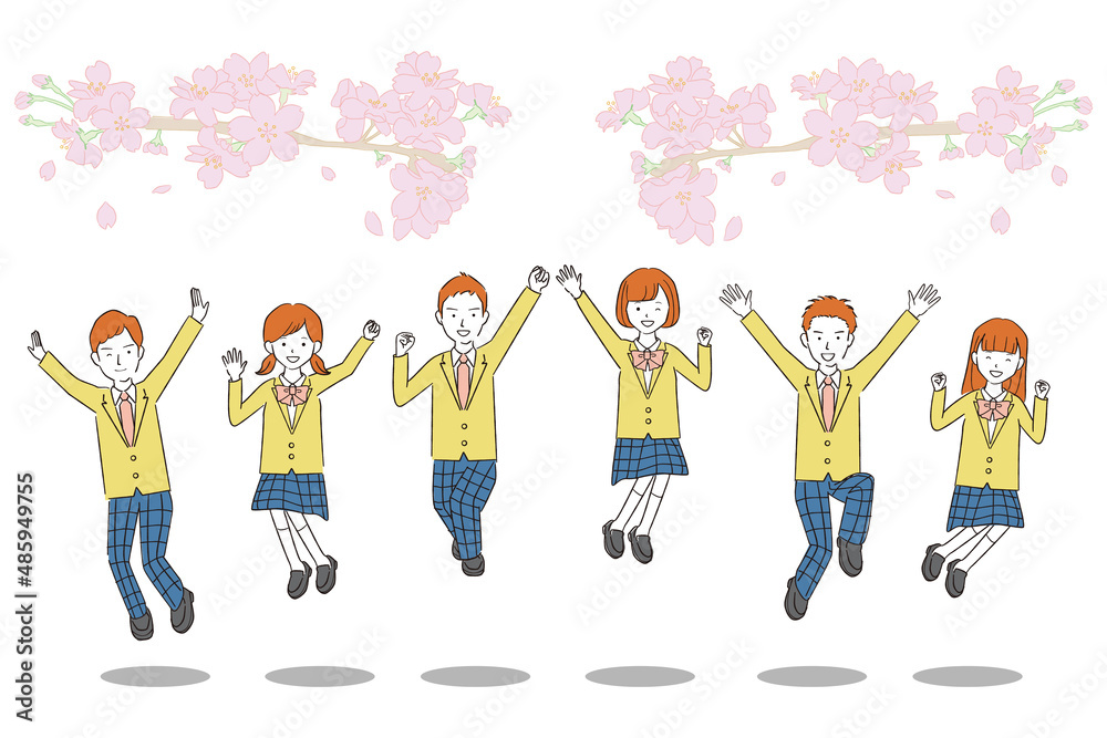Obraz premium 手書き線画カラーイラスト 桜の下 学生男女みんなでジャンプ