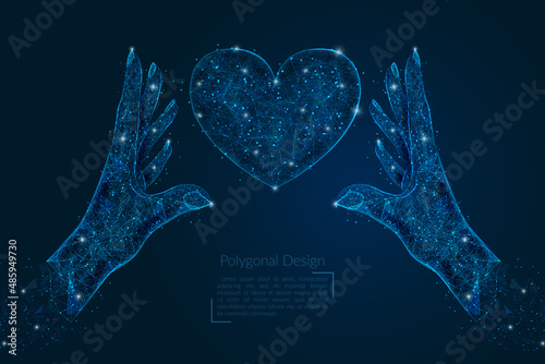 Abstract isolated image of human hand holding heart. Polygonal low poly style illustration looks like stars in the blask night sky in spase or flying glass shards.
