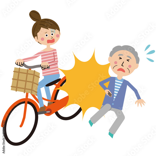 自転車事故　高齢者にぶつかるポップな自転車に乗った女性　おじいさんにぶつかり怪我