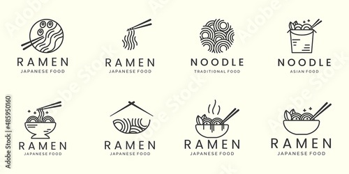 ramen noodle japanese minimalist line art set logo icon template vector design