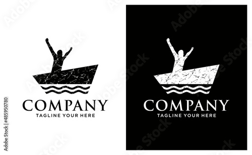 Gondolier logo, Fisherman retro hipster logo design vector illustration. People rowing, kayaking. on a black and white background.