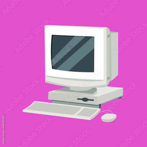 Old computer with display, keyboard and mouse. Technology 90s style. Colored flat vector illustration.