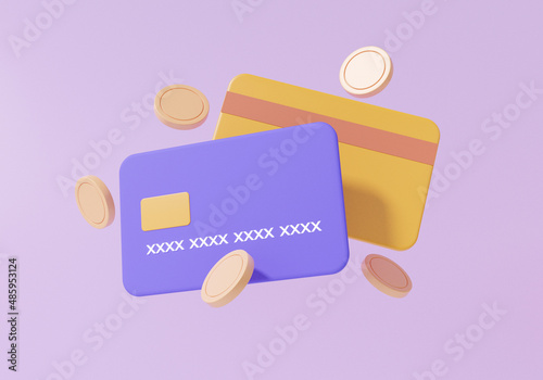 3D online payments credit or debit card concept. money transfer. Financial transactions. coins floating on purple background minimal style, 3d render. illustration photo