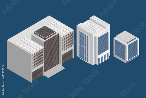 three isometric buildings icons