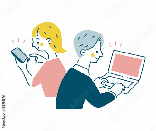 スマートフォンとパソコンを操作する女性と男性の淡色ベクターイラスト