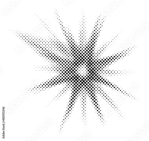 Halftone Background. Glowing light Halftone effect. abstract grunge Starburst halftone dots background. Star Flare, Shine light halftone texture. Retro background, pop art style.