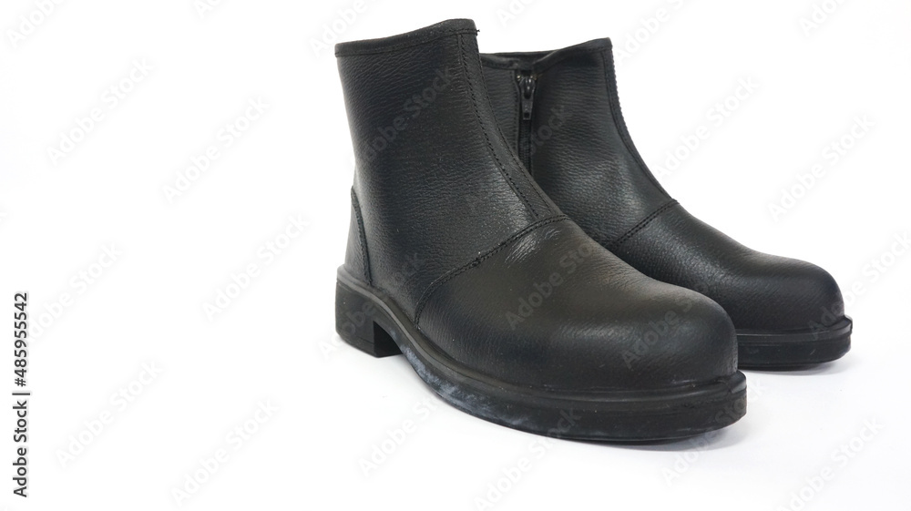 Photo of black safety shoes, these shoes are made of leather, this photo has a white background