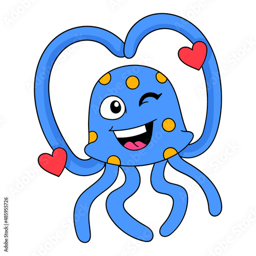 blue jellyfish happy celebrating valentine, doodle icon image kawaii