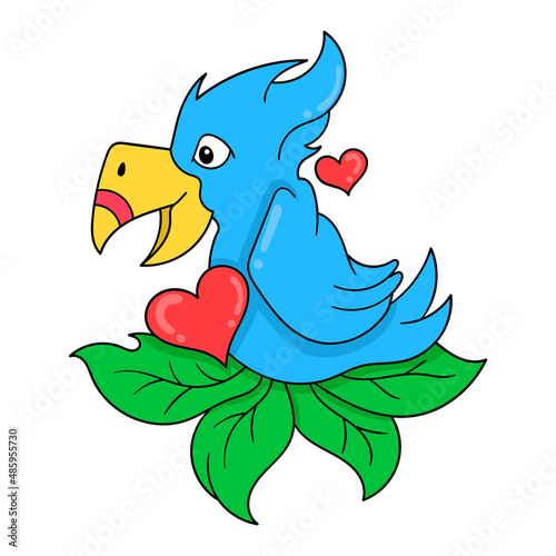 blue parrot celebrating valentine in the nest, doodle icon image kawaii