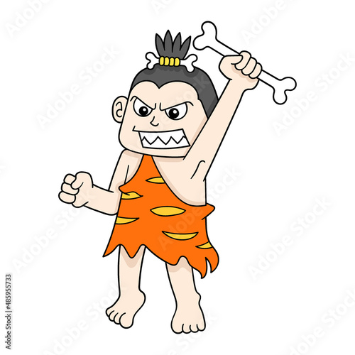 An ancient man with an angry face holding a bone, doodle icon image kawaii