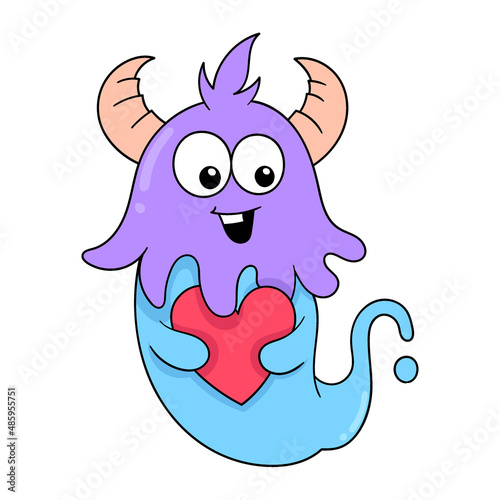 horned monster celebrating valentine holding love, doodle icon image kawaii