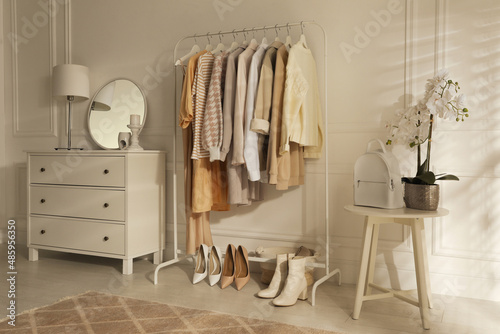 Modern dressing room interior with stylish clothes, shoes and beautiful orchid flowers © New Africa