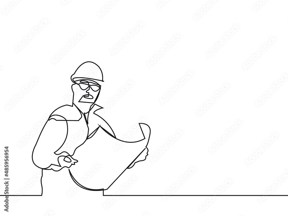 One continuous line drawing of young Man architect holding paper blueprint pose cross arms professional work Minimalism concept one line drawing vector illustration graphic design EPS 10.
