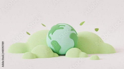 Fototapeta Naklejka Na Ścianę i Meble -  Happy earth day concept.Earth and Clouds with paper texture on pastel color background.Minimal scene for mockup design. 3D rendering illustration.