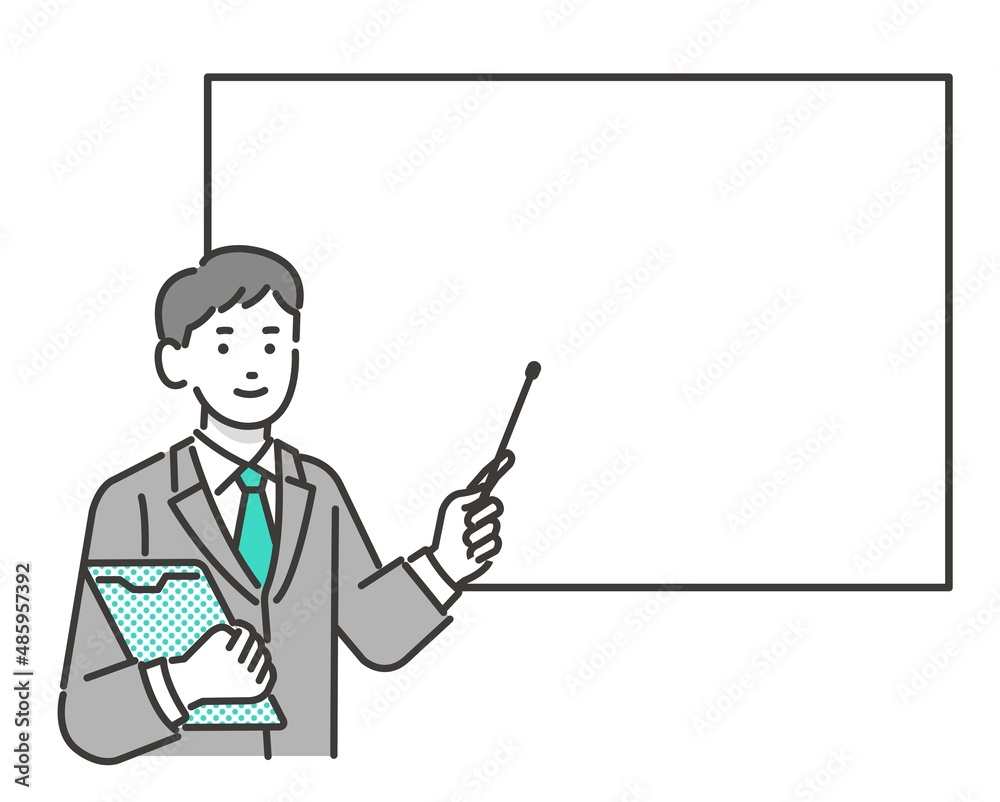指示棒を持ってホワイトボードを指すスーツ姿のビジネスマンのベクターイラスト素材/ビジネス/ビジネスウーマン/質問/説明 指示棒を持ってホワイトボードを指すスーツ姿のビジネスマンのベクターイラスト素材/ビジネス/ビジネスウーマン/質問/説明